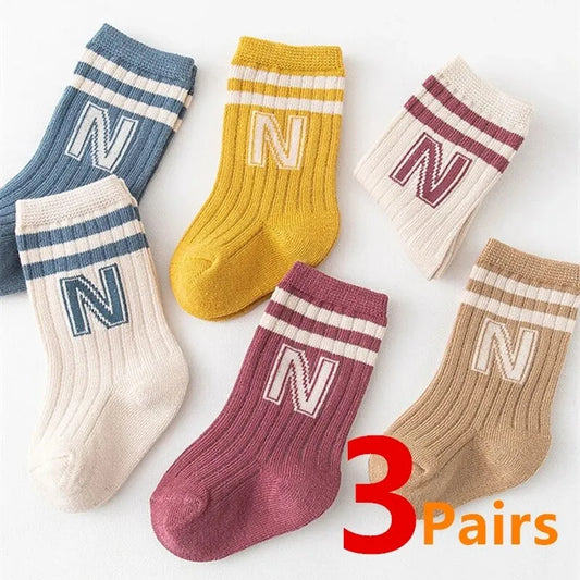 3 Pairs Baby Letter Socks Knit Soft Cotton Kids Long Knee High Socks