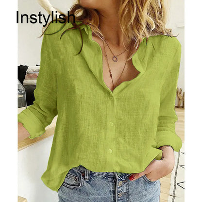 Womens Casual Long Sleeve Cotton Linen Loose Shirt