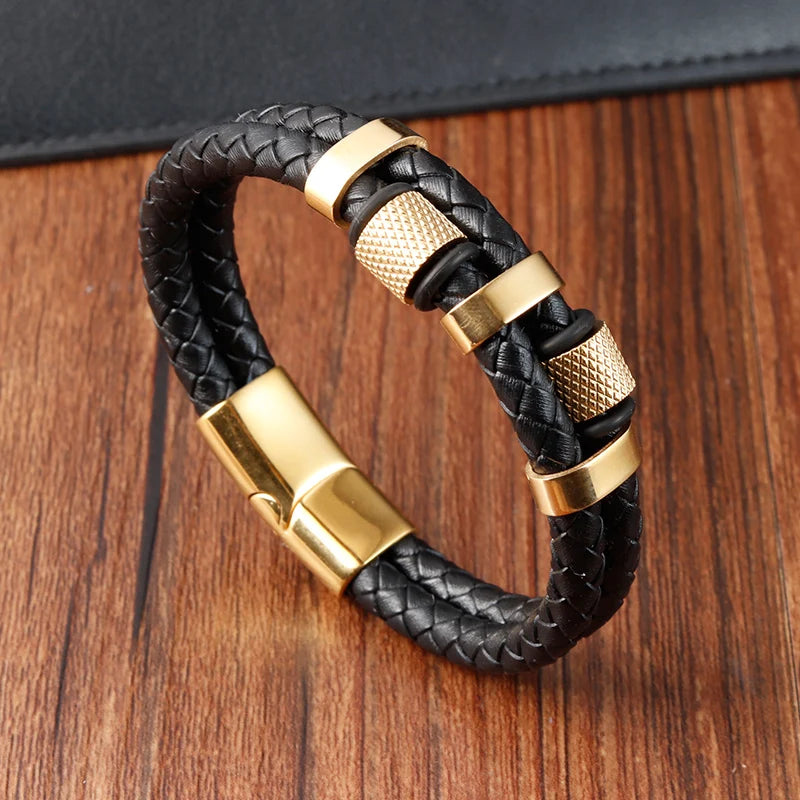 Charm Braid Rope Leather Bracelet For Mens Stainless Steel Magnetic Buckle