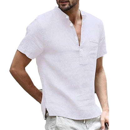 Cotton Linen Casual Mens Tee Shirts Short Sleeve V Collar Breathable