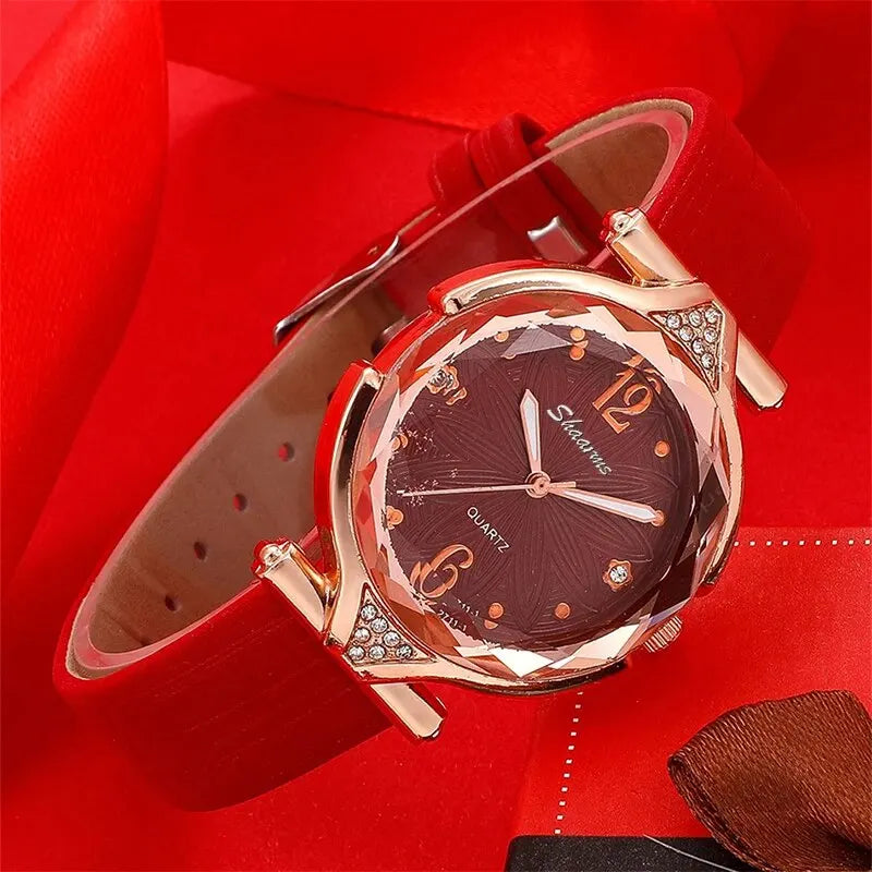 5pcs Set Womens Leather Band Ladies Watch Jewelry Set