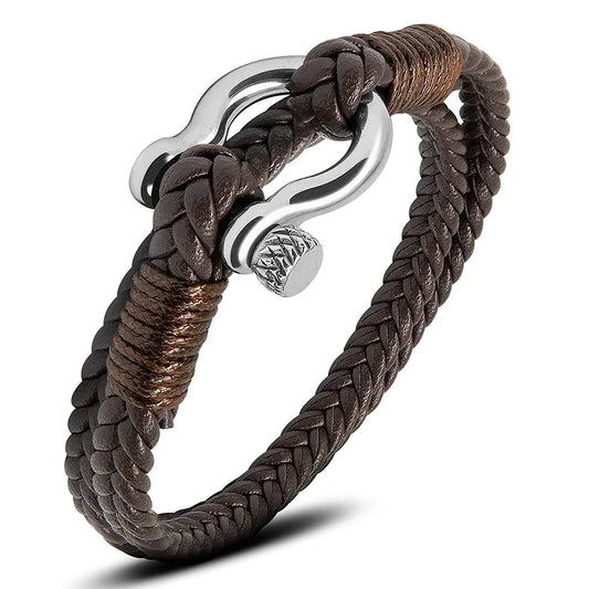 Mens Multilayer Leather Bracelet with Stainless Steel Anchor Shackle