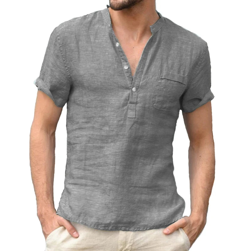 Cotton Linen Casual Mens Tee Shirts Short Sleeve V Collar Breathable