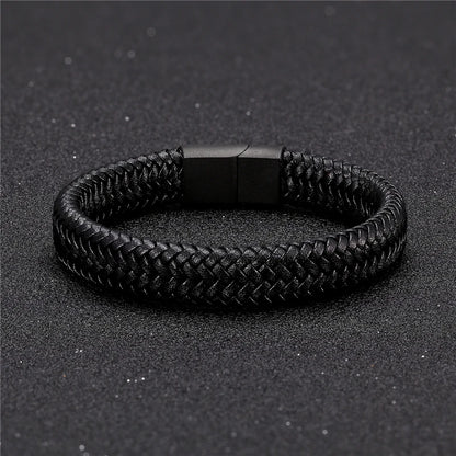 Mens Leather Bracelet Titanium Rope Steel Magnetic Clasp Bracelets