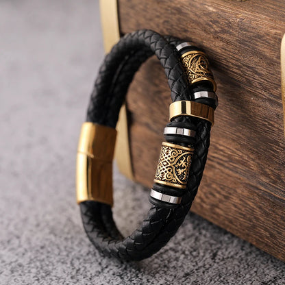 Norse Mythology Viking Compass Runes Amulet Leather Bracelet for Men