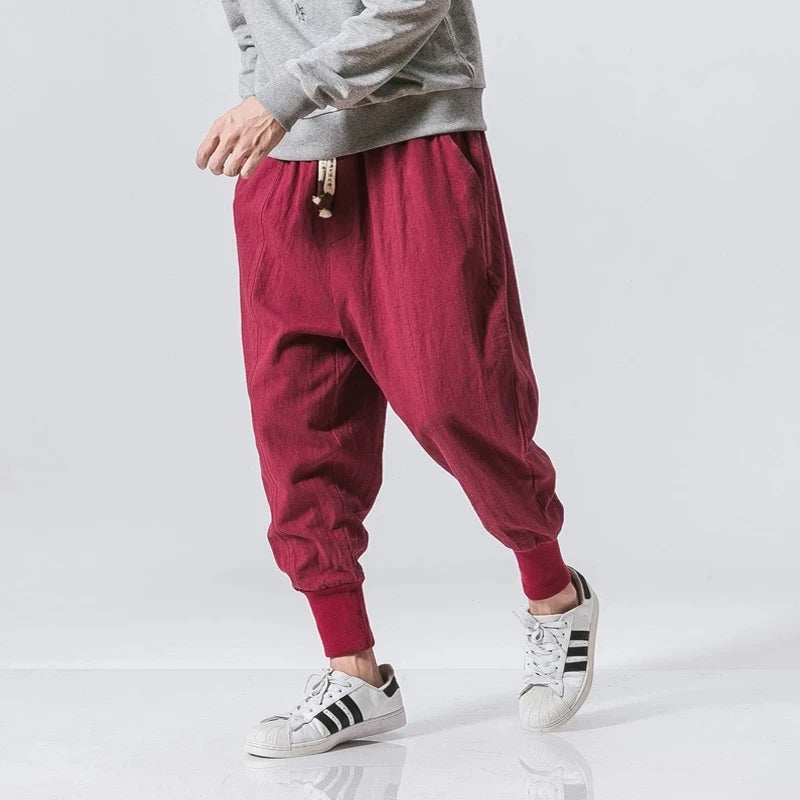 Cotton Linen Harem Mens Pants Solid Elastic Waist Streetwear