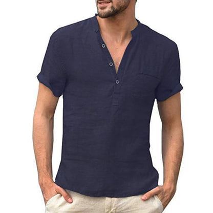 Cotton Linen Casual Mens Tee Shirts Short Sleeve V Collar Breathable