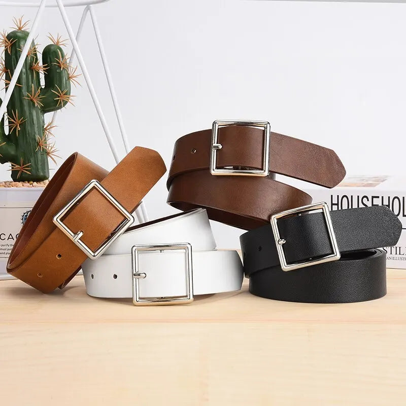 Womens Belt Soft Pu Leather Square Buckle