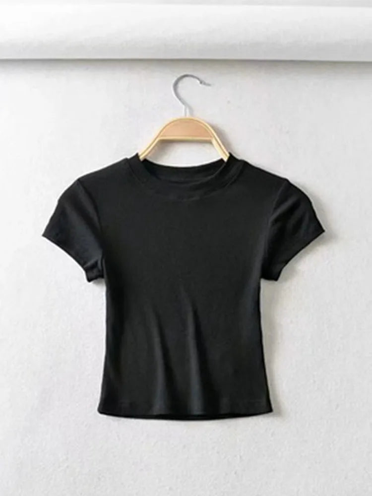 Womens O Neck Short Sleeve T-Shirt Slim Elastic Skinny Crop Tops