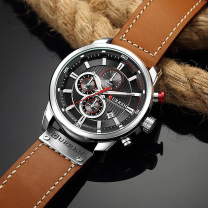 Mens Leather Sports Watch Army Military Quartz Wristwatch Chronograph