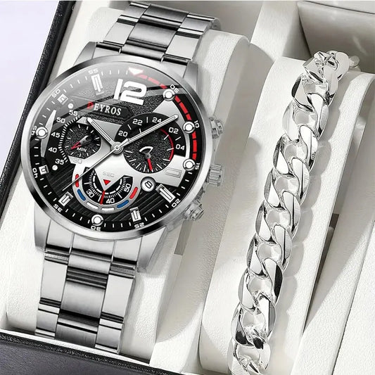 Luxury Mens Quartz Watch With Stainless Steel Bracelet