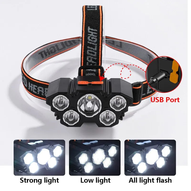 5 LED Flashlight Rechargeable Head Light Headlamp