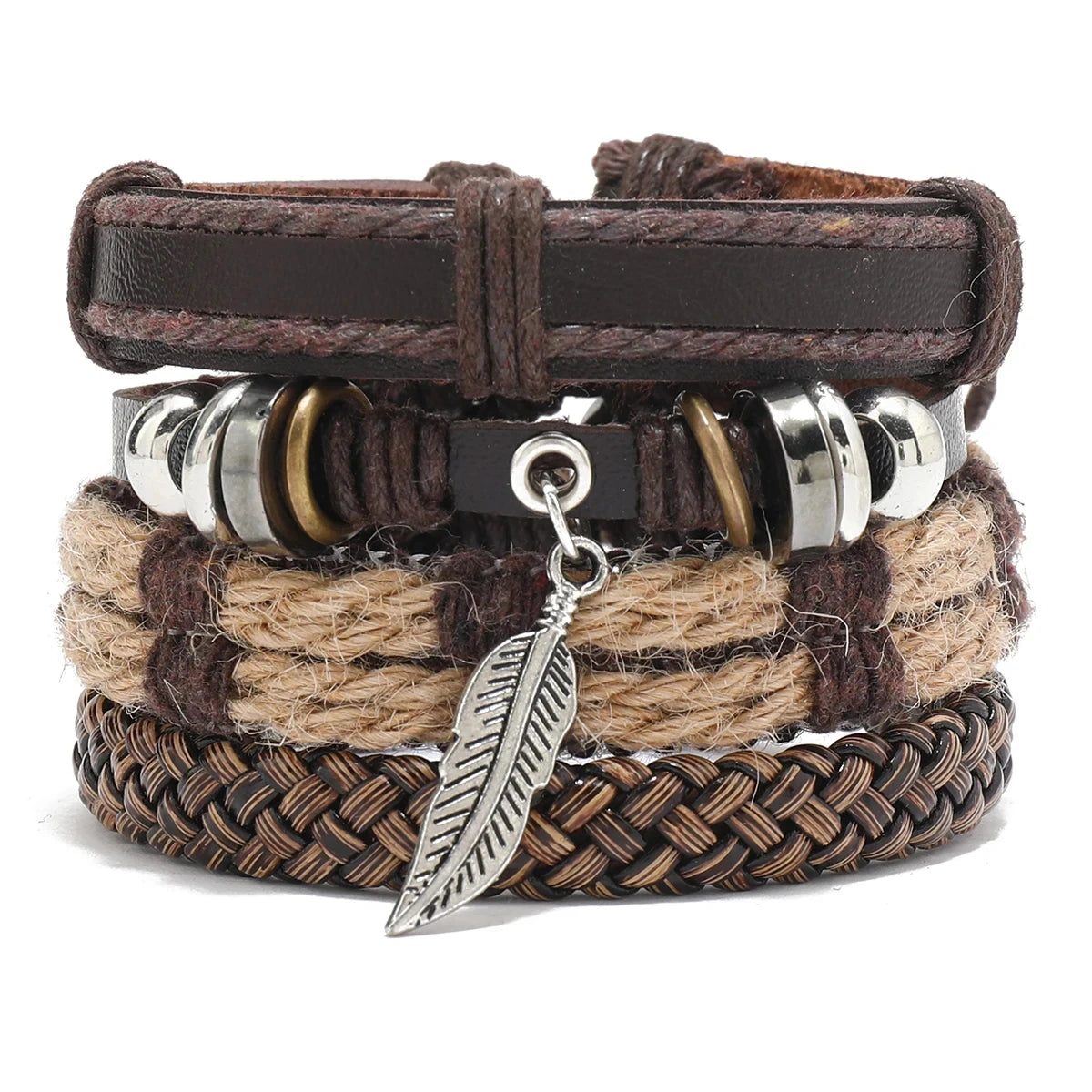 4pcs Set Braided Wrap Leather Mens Bracelet Ethnic Tribal Wristband