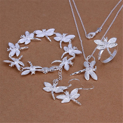 925 Sterling Silver Dragonfly Necklace Earring Bracelet Rings Set for Women