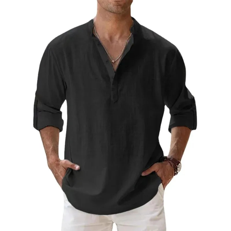 Mens Linen Cotton Shirts Lightweight Long Sleeve Breathable