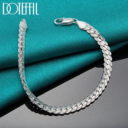 925 Silver Bracelet 6mm Flat Side Chain Lobster Clasp For Woman Man