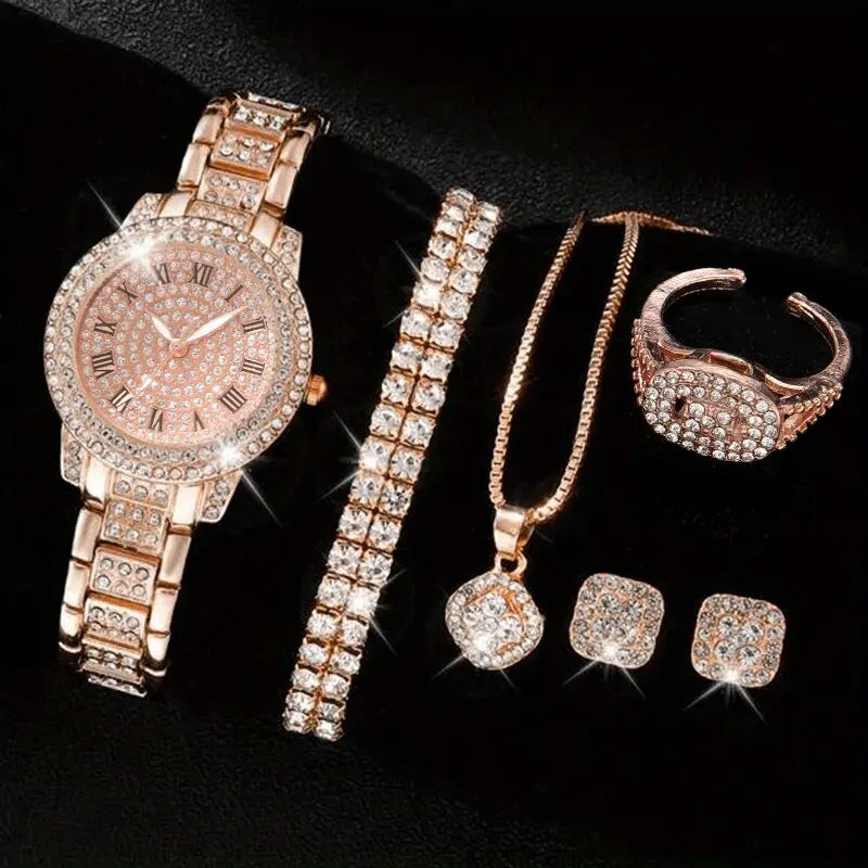 6PCS Women Watch Luxury Elegant Alloy Watch Jewelry Set