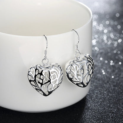 925 Sterling Silver Necklace Earrings Jewelry Set for Women Heart Hollow