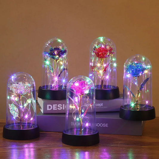 Eternal Rose LED Light Foil Flower In Glass Cover