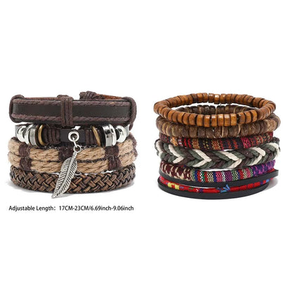 4pcs Set Braided Wrap Leather Mens Bracelet Ethnic Tribal Wristband