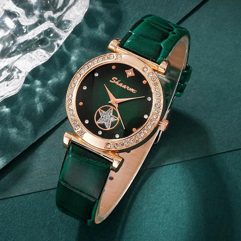 6PCS Set Green Quartz Watch Womens Jewelry Set