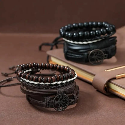 Set Of 3 Handmade Woven Pu Leather Mens Bracelet