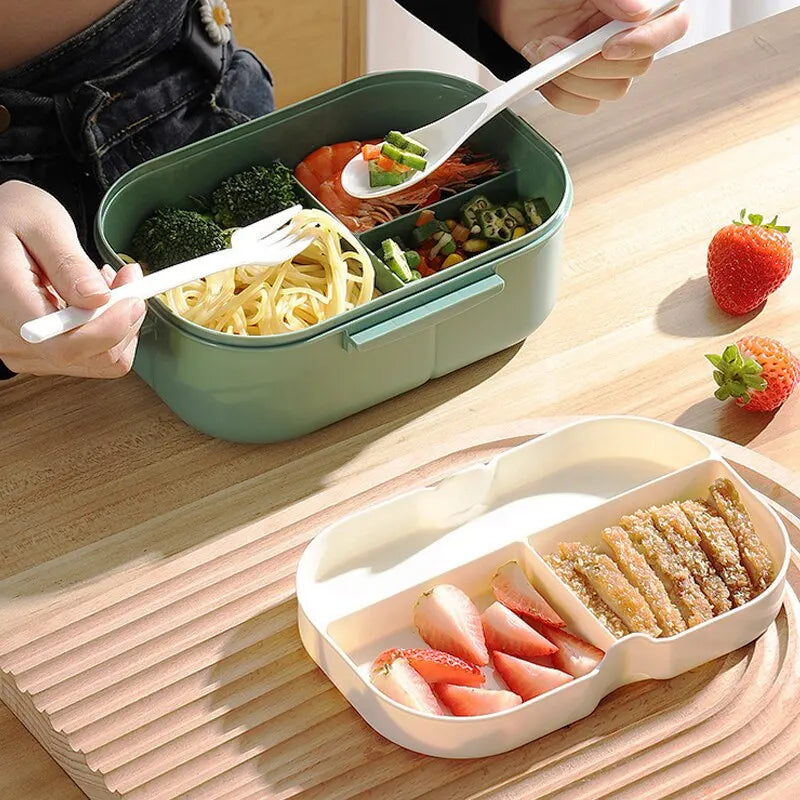 Portable Double Layer Lunch Box Microwaveable With Fork And Spoon