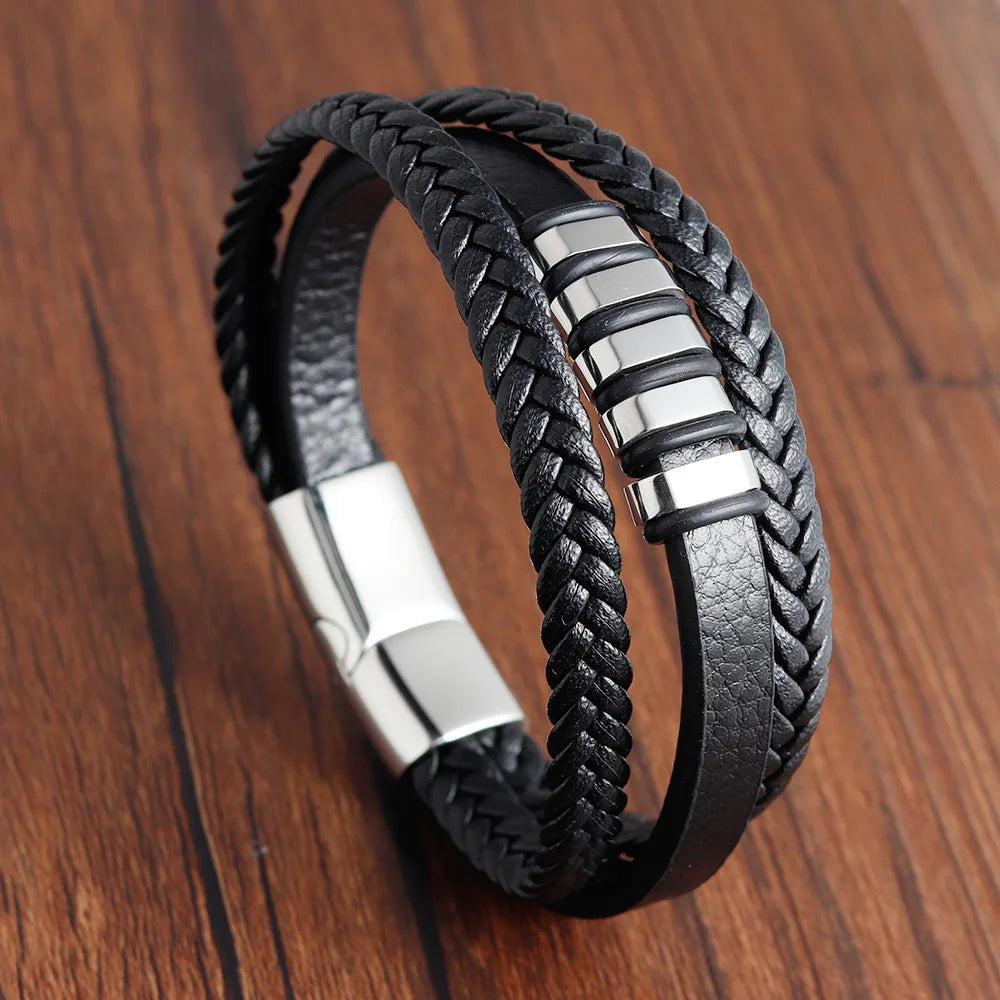 Charm Braid Rope Leather Bracelet For Mens Stainless Steel Magnetic Buckle