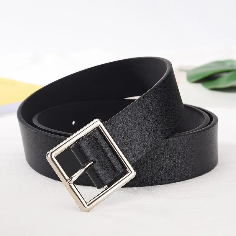 Womens Belt Soft Pu Leather Square Buckle