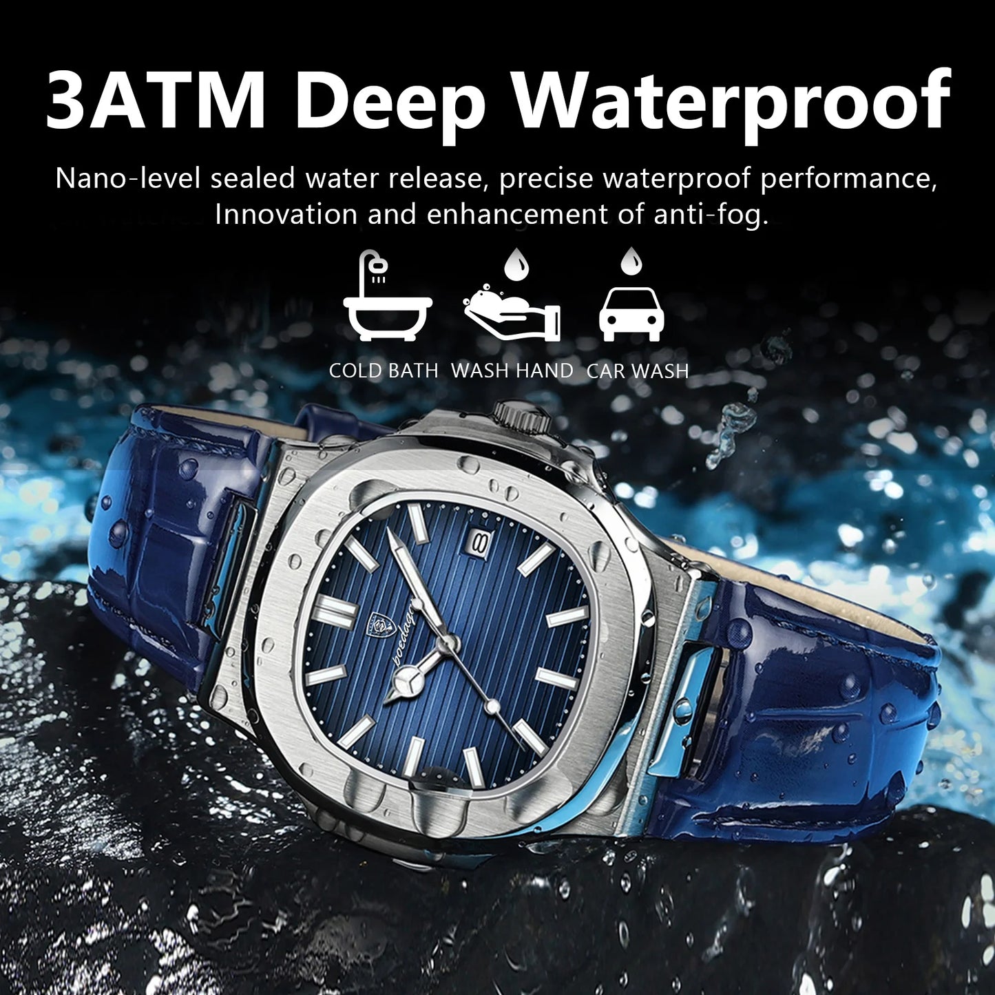 Mens Quartz Watch Waterproof Luminous Date Leather Casual Sports Square