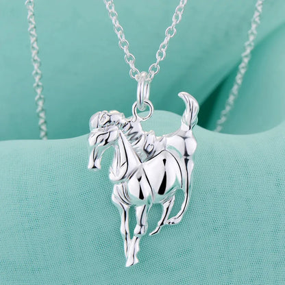 925 Sterling Silver Women Elegant Horse Pendants Chain Necklace