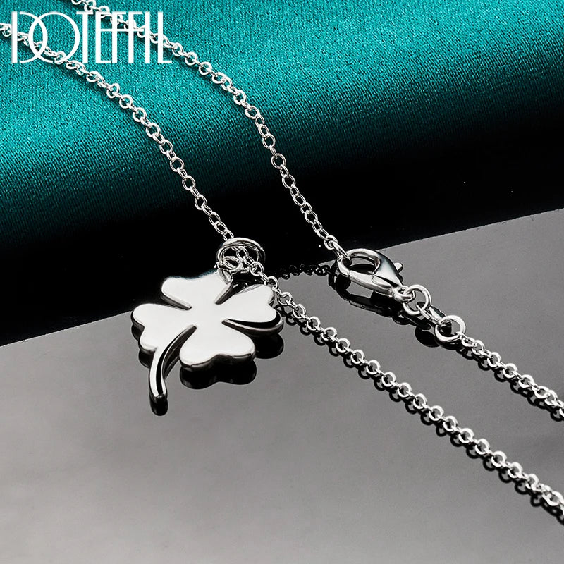 925 Sterling Silver Four Leaf Clover Pendant Necklace Chain For Woman