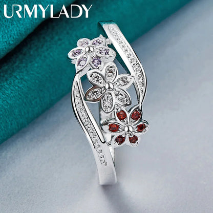 925 Sterling Silver Red Zircon Flower Ring For Women