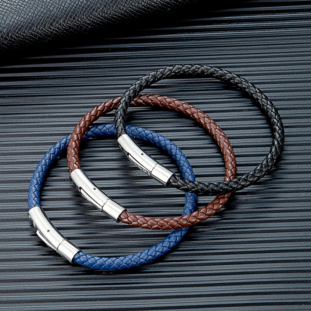 Classic Simple Braided Leather Bracelet Bangle Stainless Steel Magnetic Buckle