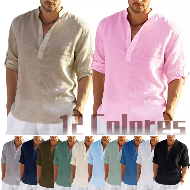 Mens Cotton Linen Long Sleeve T Shirt Loose Casual Shirt