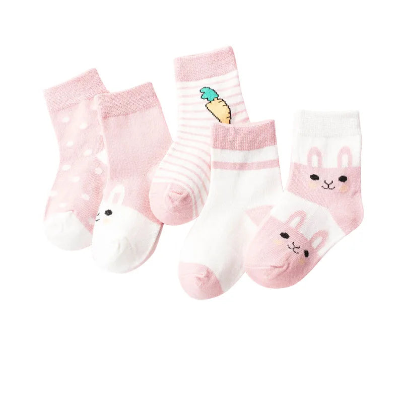 5 Pairs Cartoon Baby Socks Spring Autumn Stripe Dot Girls Boys