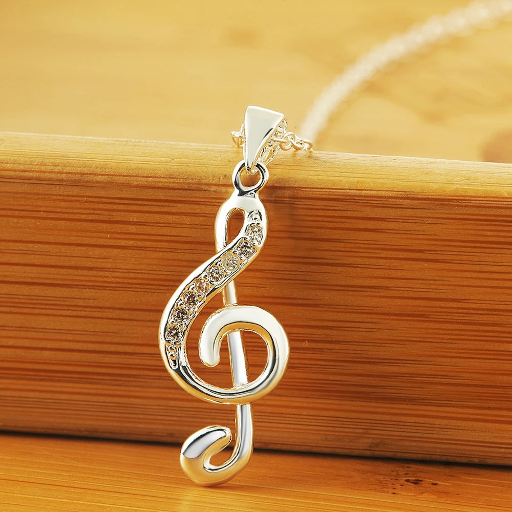 925 Sterling Silver Crystal Musical Note Pendant Women Necklace