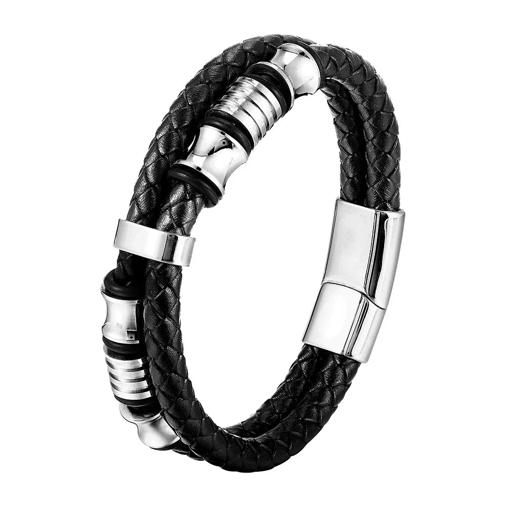 Charm Braid Rope Leather Bracelet For Mens Stainless Steel Magnetic Buckle