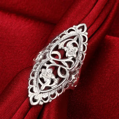 925 Sterling Silver Rings Women Retro Hollow Wide Flower