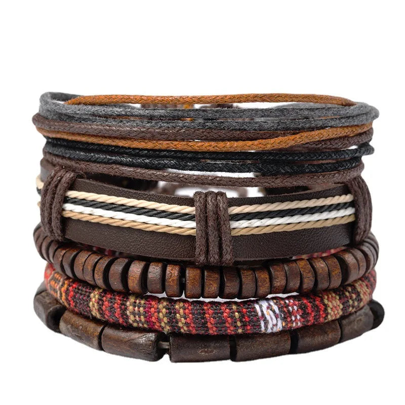 4pcs Set Braided Wrap Leather Mens Bracelet Ethnic Tribal Wristband