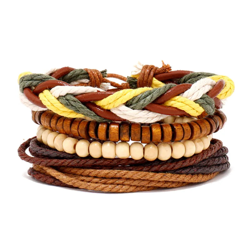 4pcs Set Braided Wrap Leather Mens Bracelet Ethnic Tribal Wristband