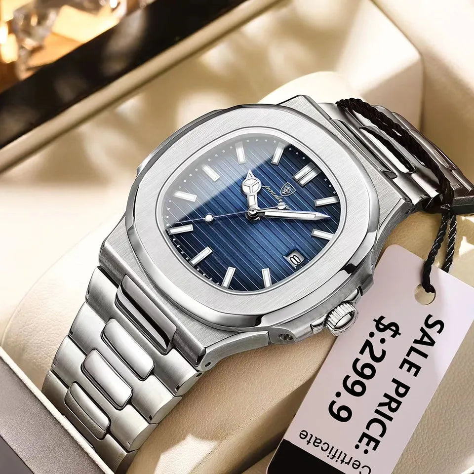 Mens Quartz Watch Waterproof Luminous Date Stainless Steel Square