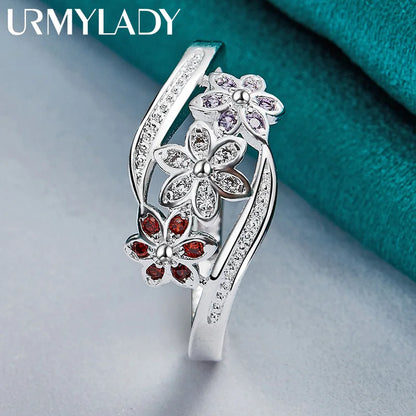 925 Sterling Silver Red Zircon Flower Ring For Women