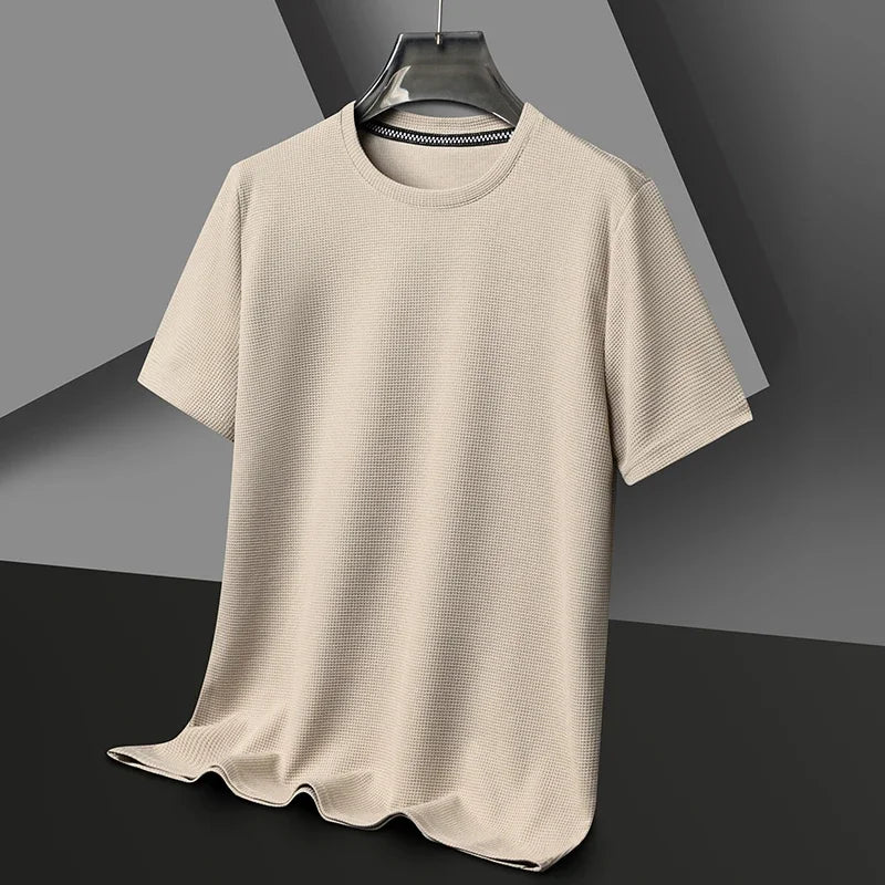 Summer Waffle Round Neck Mens Short Sleeved T-shirt