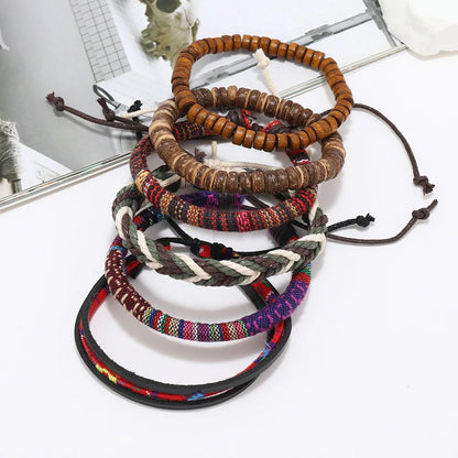 4pcs Set Braided Wrap Leather Mens Bracelet Ethnic Tribal Wristband