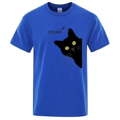 Meow Black Cat T Shirts Breathable Oversized Loose Cotton Mens Shirt