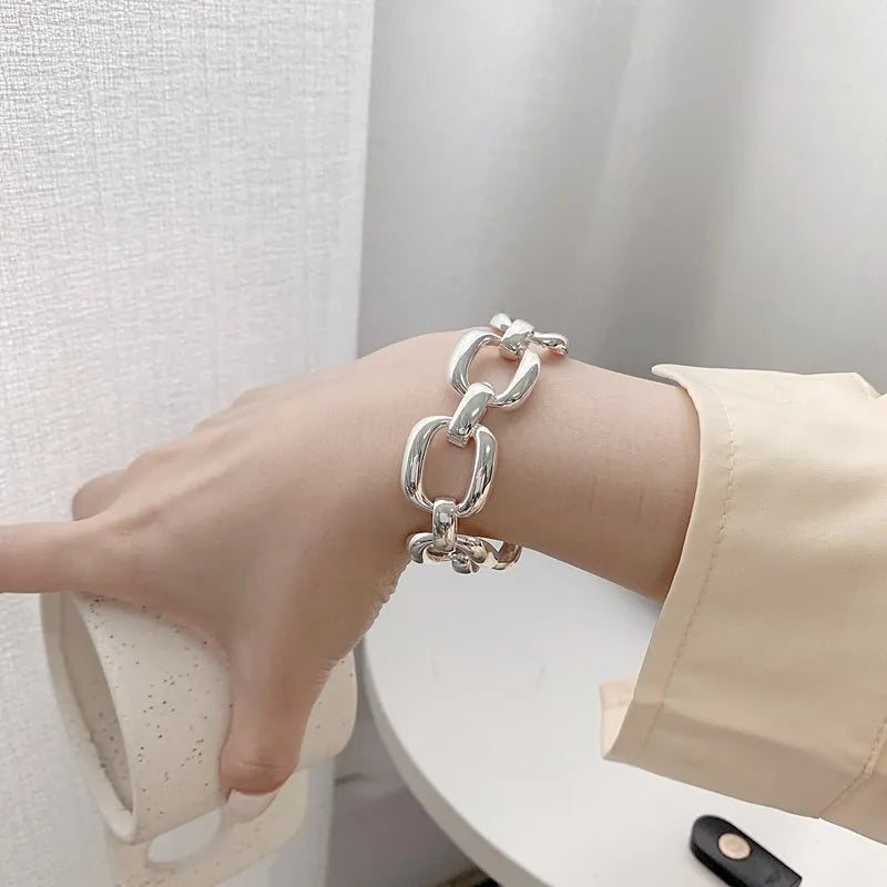 925 Sterling Silver Bracelets for Womens Trend Hip Hop Vintage Thick Chain