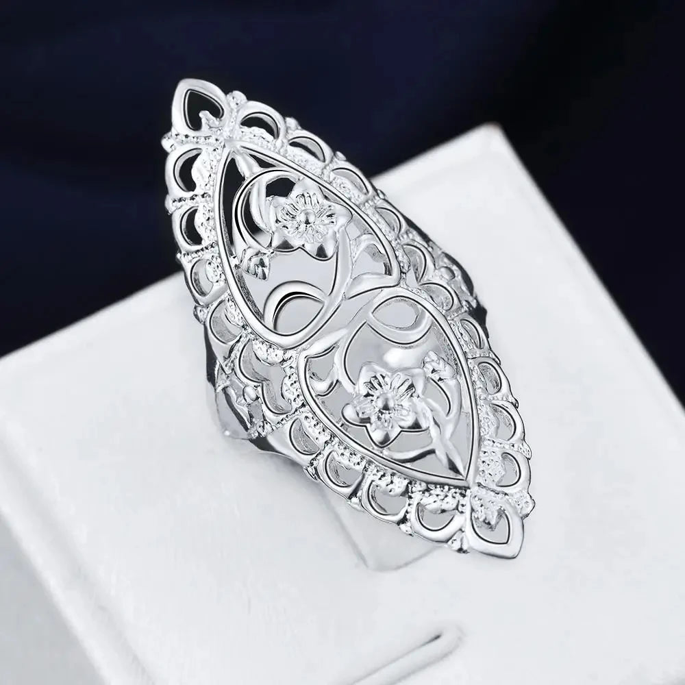 925 Sterling Silver Rings Women Retro Hollow Wide Flower