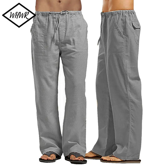 Mens Cotton Linen Pants Loose Cool Casual Elastic Waist Long Trousers