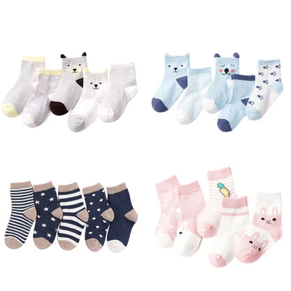 5 Pairs Cartoon Baby Socks Spring Autumn Stripe Dot Girls Boys